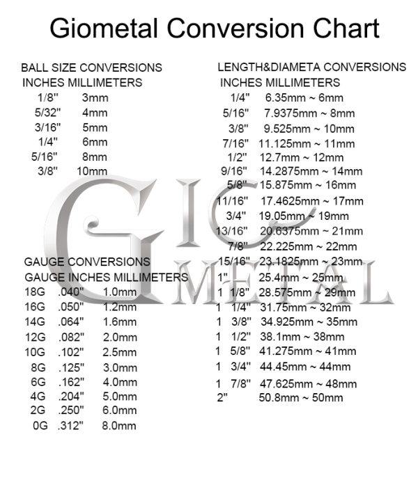 Piercing Sizes Giometal Body Jewelry